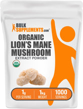BulkSupplements Organic Lion's Mane powder jar highlights daily wellness and easy supplementation.