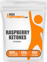 BulkSupplements Raspberry Ketones powder jar label showing product name and gluten-free claim