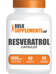 BulkSupplements Resveratrol bottle front showing label and dosage details for antioxidant support.