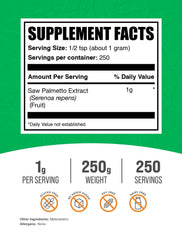 BulkSupplements Saw Palmetto Extract Powder jar label highlights purity.