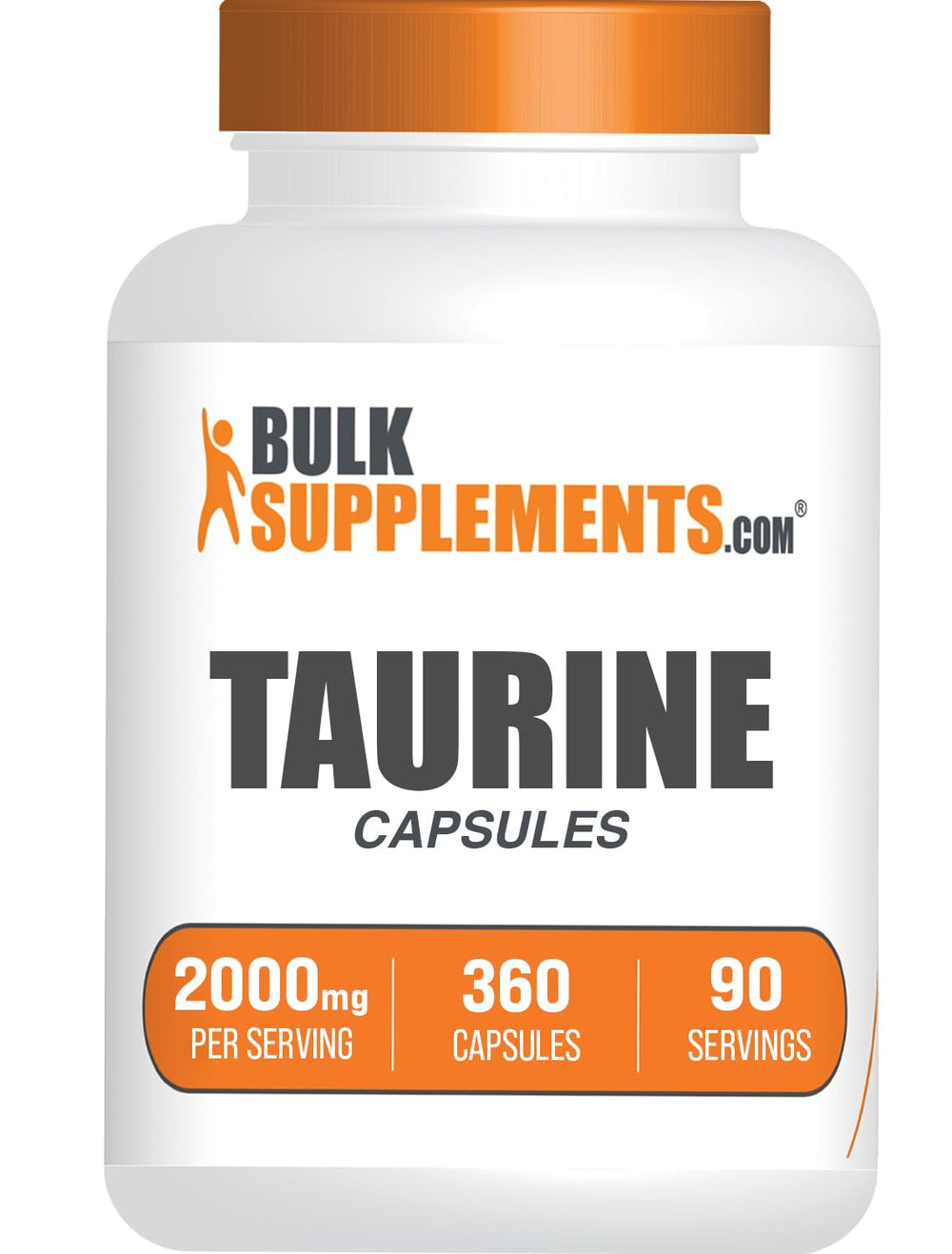 BulkSupplements Taurine capsules bottle label showing 2000 mg per serving for daily energy support
