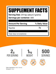 BulkSupplements Taurine powder unflavored; easily blends into shakes or beverages.