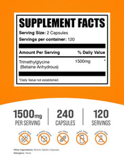 BulkSupplements TMG capsules packaging side with serving size and 1500 mg detail