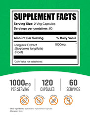 BulkSupplements Tongkat Ali extract capsules packaging shows 120 vegan-friendly capsules for daily use