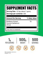 BulkSupplements Wolfberry Extract Powder label closeup emphasizing purity and quality.