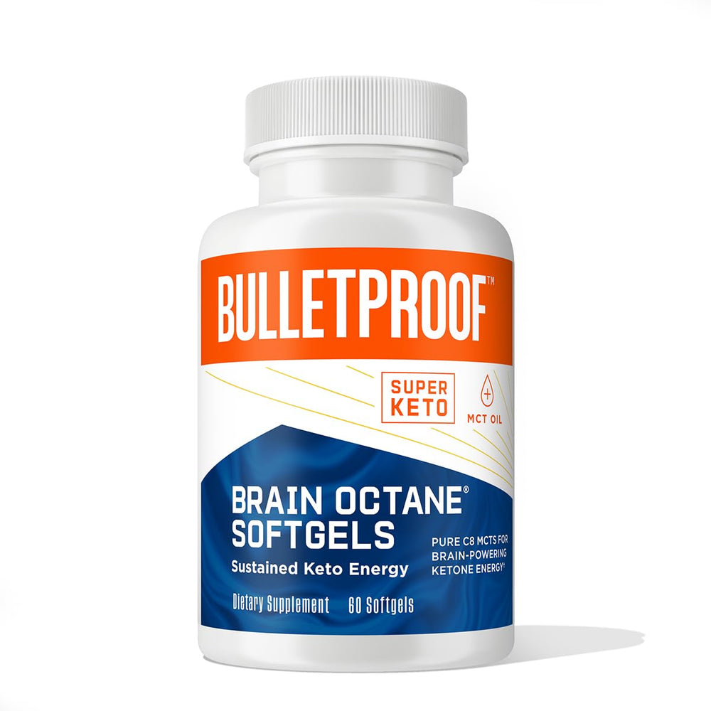 Bulletproof Brain Octane Softgels bottle-front shows quick energy on the go.