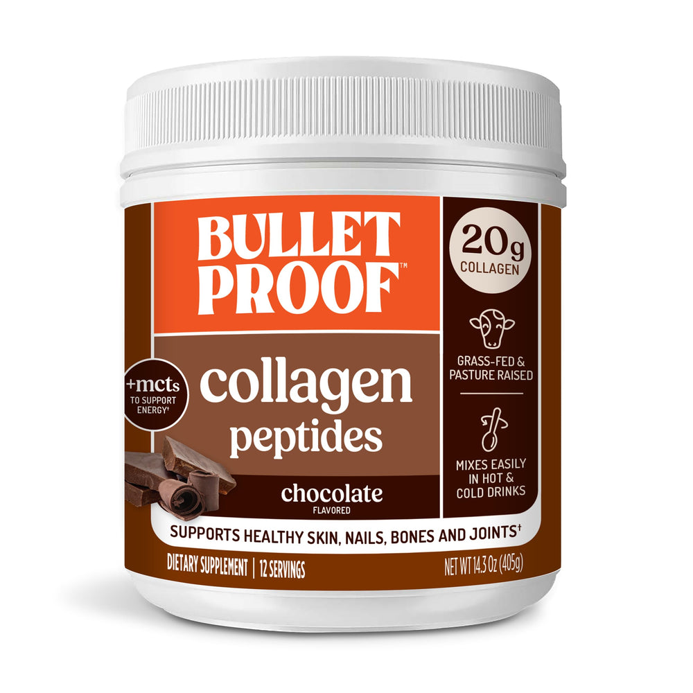 Bulletproof Chocolate Collagen Peptides bottle for daily collagen support with low sugar.