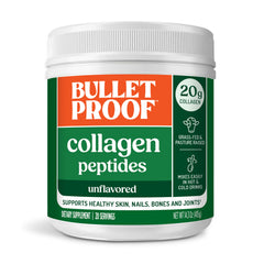 Bulletproof Collagen Peptides bottle showing grass-fed sourcing for daily skin and joint support.