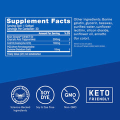 Close-up of Bulletproof CoQ10 Energy Softgel ingredients: CoQ10, PQQ, and MCT oil