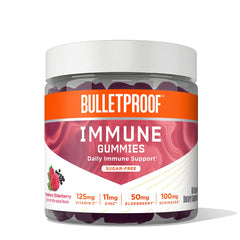 Bulletproof Sugar-Free Raspberry Elderberry Immune Gummies jar with a glossy label for daily immunity support.