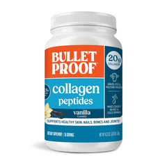 Bulletproof vanilla collagen powder jar highlighting skin-supporting collagen peptides.