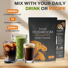 Bunkell Ashwagandha Mushroom Powder pour — earthy aroma in morning ritual.