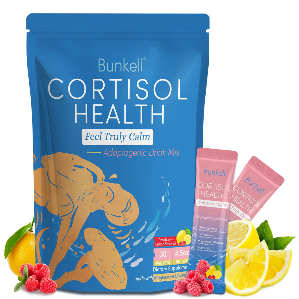 Bunkell cortisol powder bottle on the counter supports a daily calm routine.