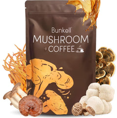 Bunkell Mushroom Coffee jar label displays six-mushroom blend for focused energy.