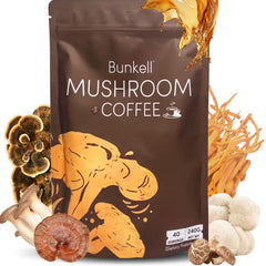 Bunkell Mushroom Coffee canister highlights six-mushroom blend for balanced energy
