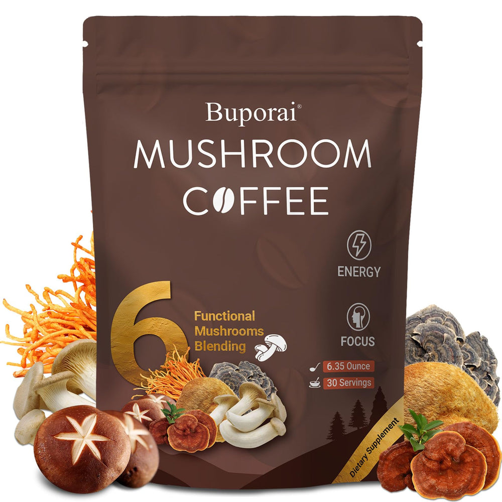 Buporai Mushroom Coffee cup with steam signaling daytime energy boost.