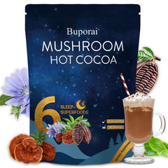 Buporai Mushroom Hot Cocoa in a steaming mug ready for a calm nighttime routine