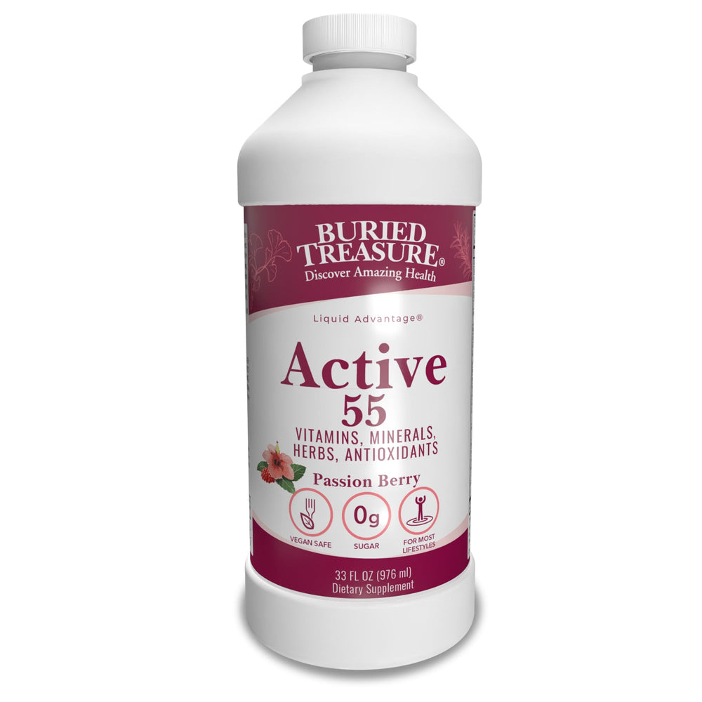 Buried Treasure Active 55 Plus bottle front shows vegan, sugar-free liquid multivitamin benefits