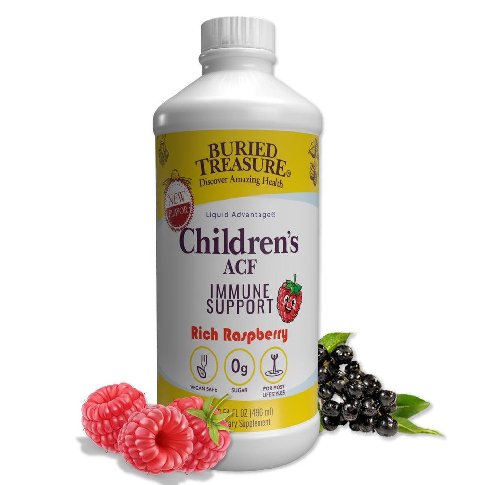 Buried Treasure ACF liquid bottle for kids with raspberry flavor supports daily routines