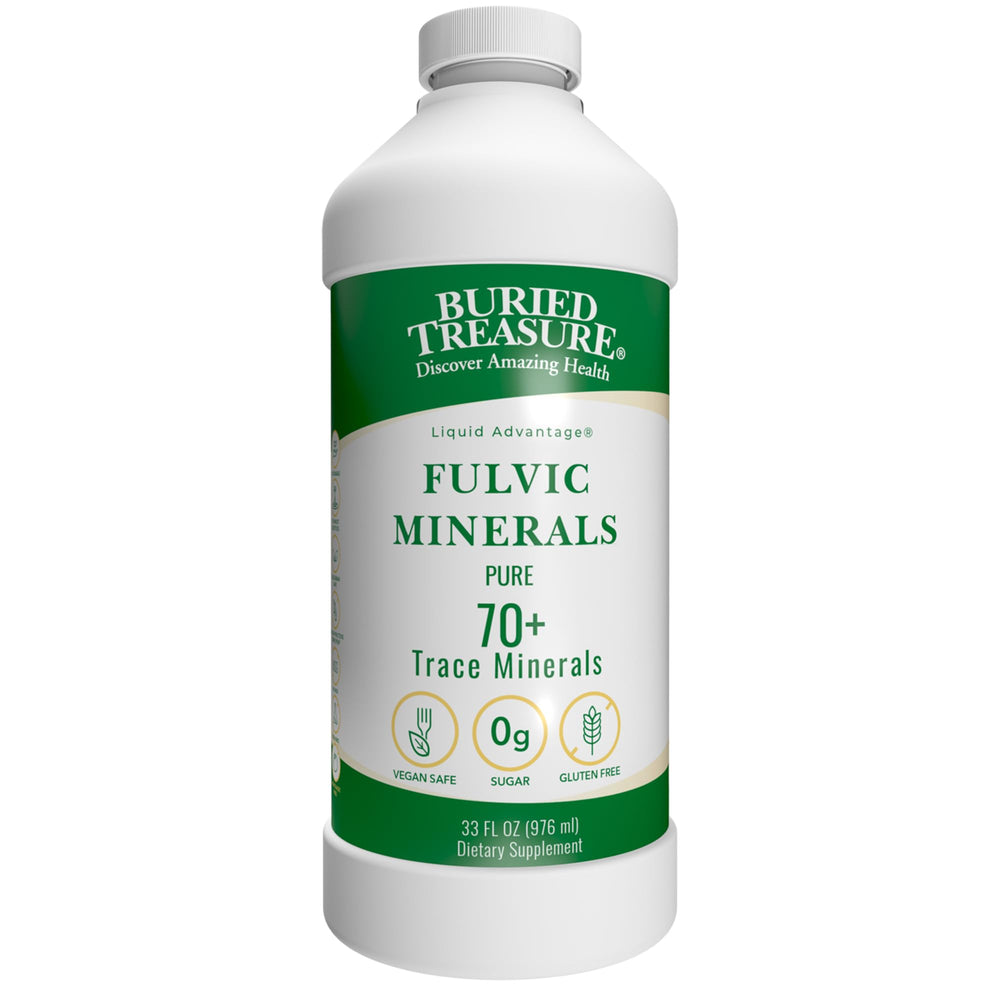 Buried Treasure Liquid Advantage Fulvic Minerals bottle showing mineral blend for daily hydration.