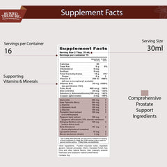 Close-up of label highlighting saw palmetto and other herbal ingredients for men's health.
