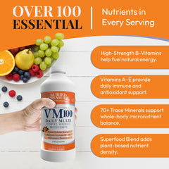Buried Treasure VM100 label detail highlights 100+ nutrients and clean ingredients.