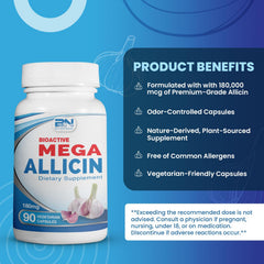 BuyNaturally Mega Allicin ingredients in glass bottle highlighting potency.