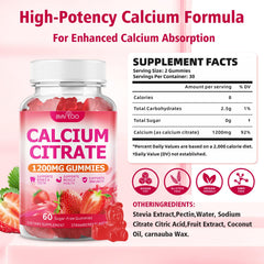 BVIVLOO Calcium Gummies serving image highlights 120 gummies for daily intake.