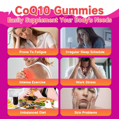 BVIVLOO CoQ10 Gomitas: etiqueta de ingredientes, Omega-3, B3, zinc y magnesio para bienestar.