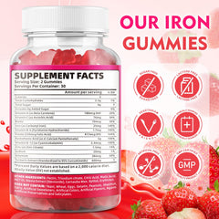 BVIVLOO iron gummies bottle close-up showing vegan formula for gentle digestion.