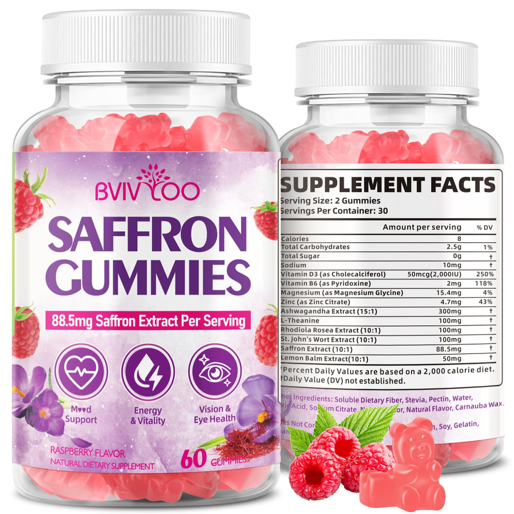 BVIVLOO saffron gummies bottle shows raspberry flavor and mood-support blend