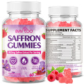 BVIVLOO saffron gummies bottle shows raspberry flavor and mood-support blend
