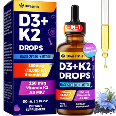 Bwasmis Vitamin D3 K2 Drops bottle with label highlighting bone and immune support