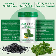 Herbal scene with BXRUIAGN oregano leaves and black seed oil, suggesting natural complexity