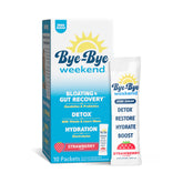 Bye-Bye Weekend detox drink bottle shows zero sugar strawberry flavor for quick refreshment.