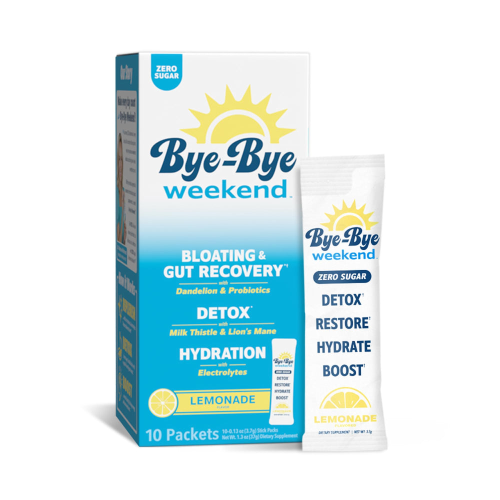 Bye-Bye Weekend detox lemonade bottle highlights electrolyte hydration for quick refreshment.