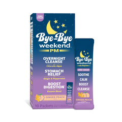 Bye-Bye Weekend PM dissolving packet shown for overnight digestion support