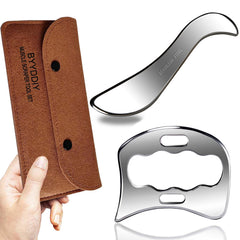BYYDDIY 2-in-1 stainless steel muscle scraper set with protective bag for easy storage.