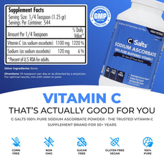 C-Salts sodium ascorbate powder with a scoop for precise, sugar-free dosing