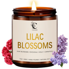 CACALOM lilac scented candle in 7oz jar for relaxing evenings.
