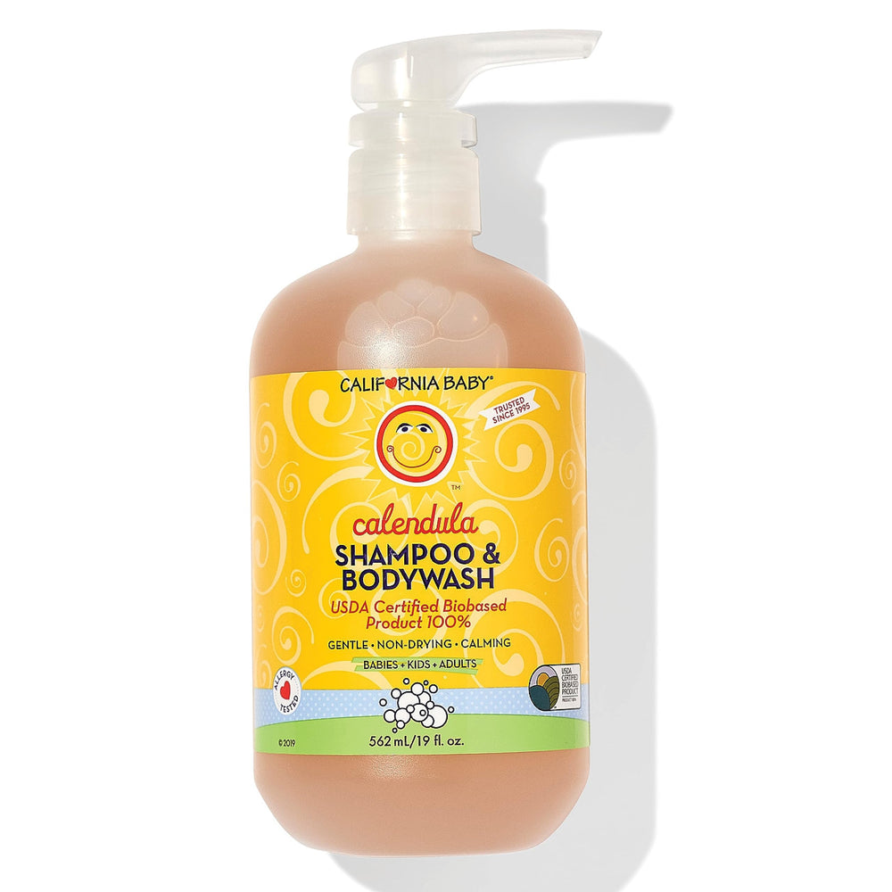 California Baby Calendula Shampoo bottle showcasing 2-in-1 gentle cleanse for sensitive skin