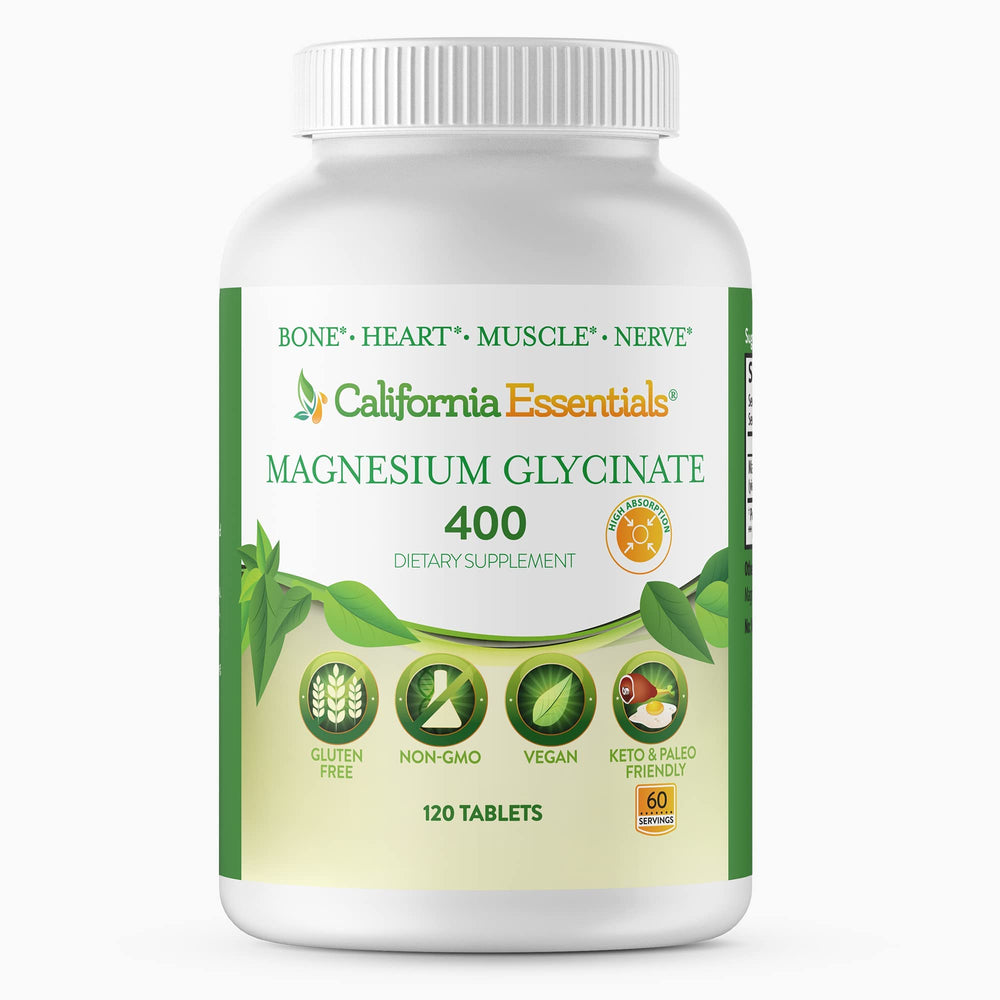 California Essentials Magnesium Glycinate 400 bottle showing high absorption daily supplement