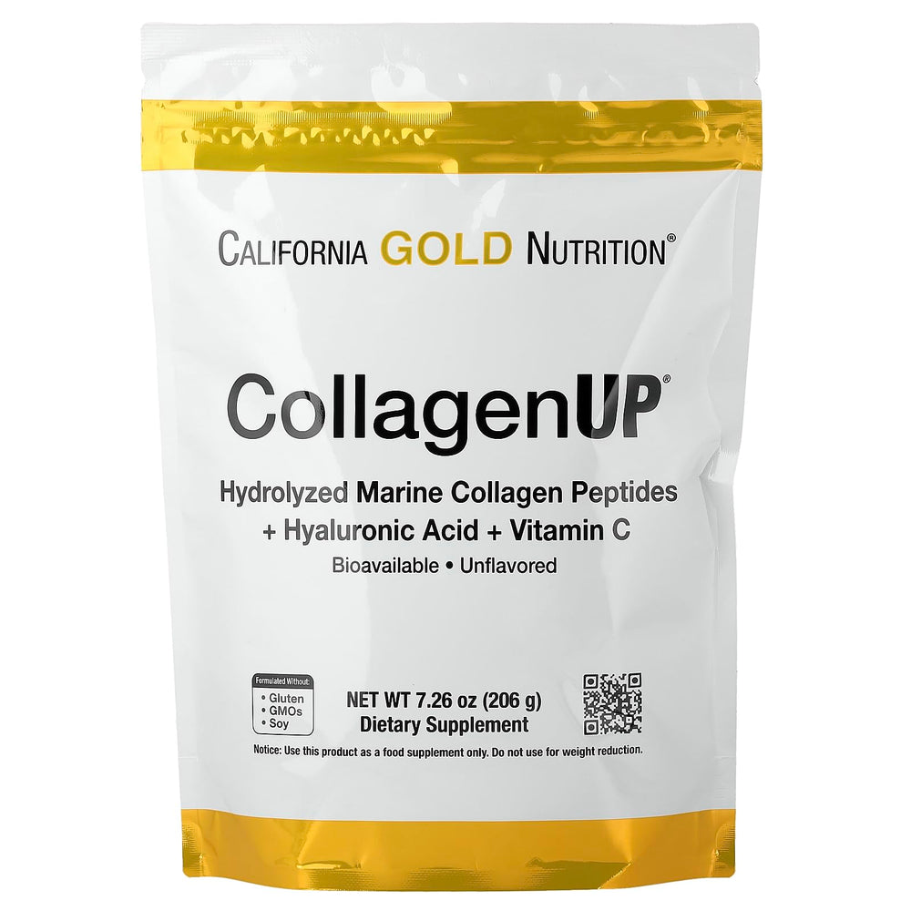 California Gold Nutrition CollagenUP unflavored bottle with hyaluronic acid supports hair, skin, nails.