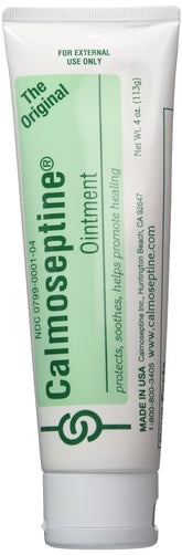 Calmoseptine diaper rash ointment tube front view, barrier for irritated skin.