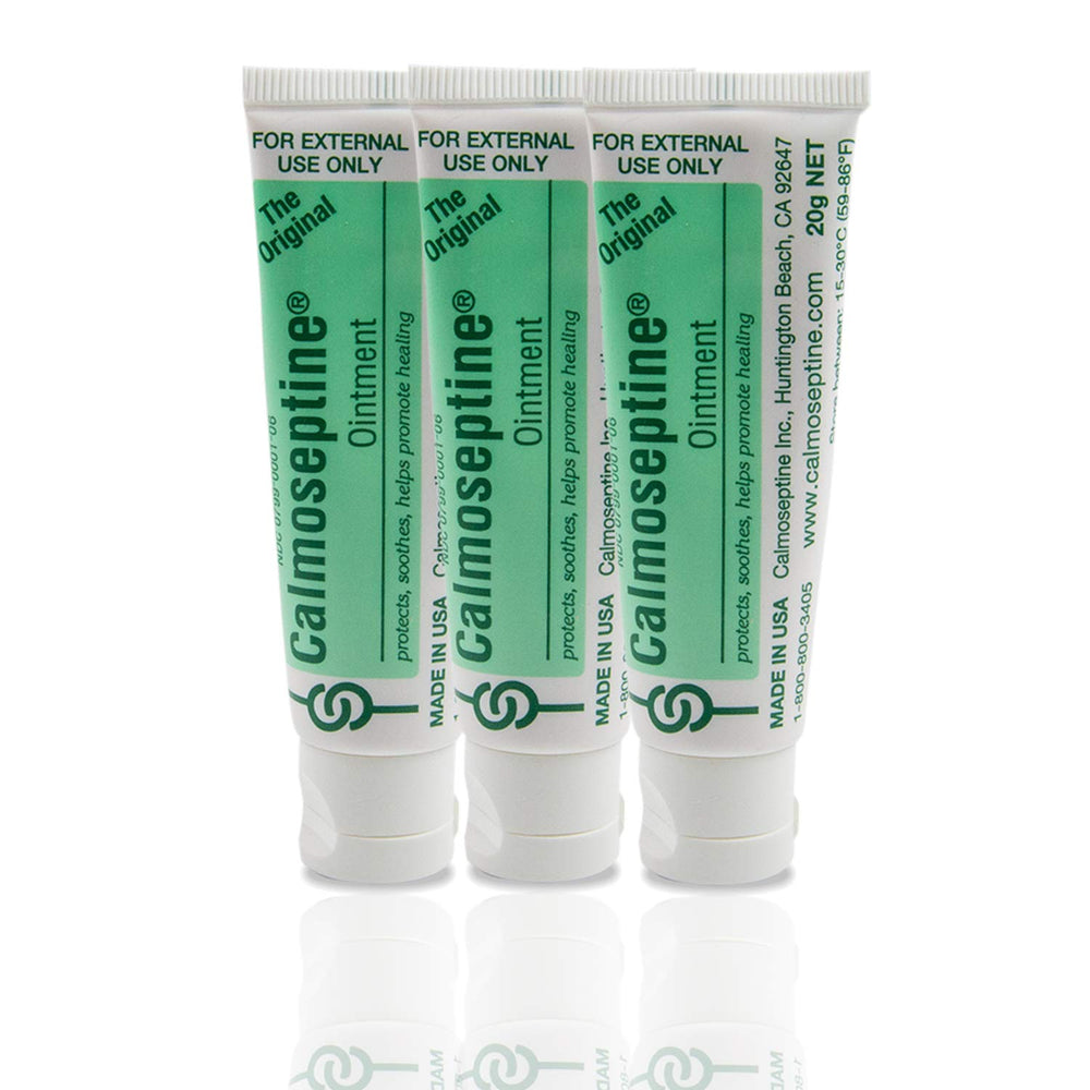 Calmoseptine ointment tube close-up, portable skin relief in a travel size.