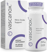 Calroy Vascanox HP bottle on table for convenient daily nitric oxide support.