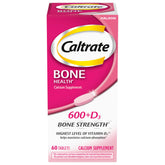 Caltrate 600 Plus D3 bottle-front promotes bone support with calcium and vitamin D.
