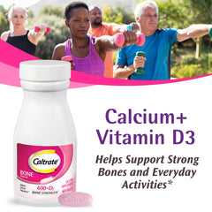 Caltrate 600 Plus D3 tablets packaging hero highlights a high-D3 calcium supplement for adults.