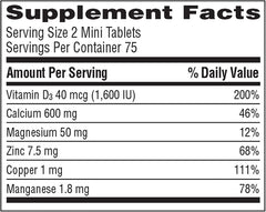 Caltrate Minis + Minerals bottle closeup highlights small, easy-to-swallow tablets.