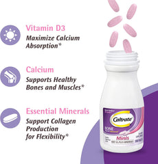 Caltrate Minis + Minerals packaging back displaying dosage information.